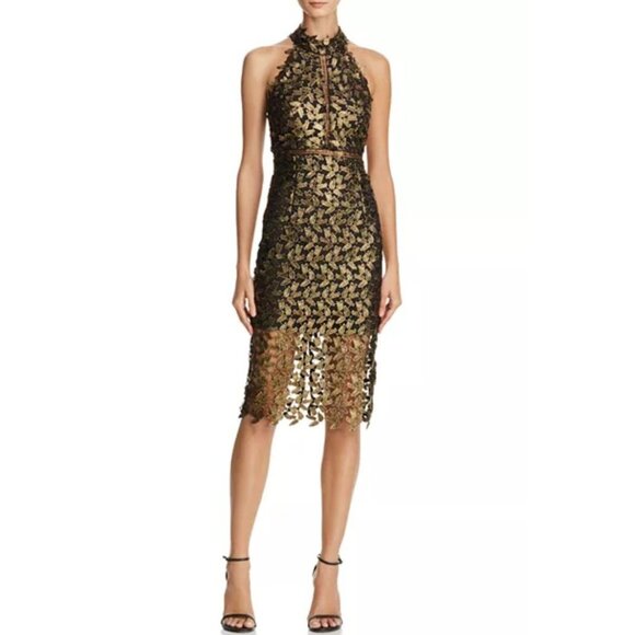 BARBOT 10/L Gemma Metallic Lace Dress Gemma Black Gold Metallic Lace High Neck - Picture 1 of 16